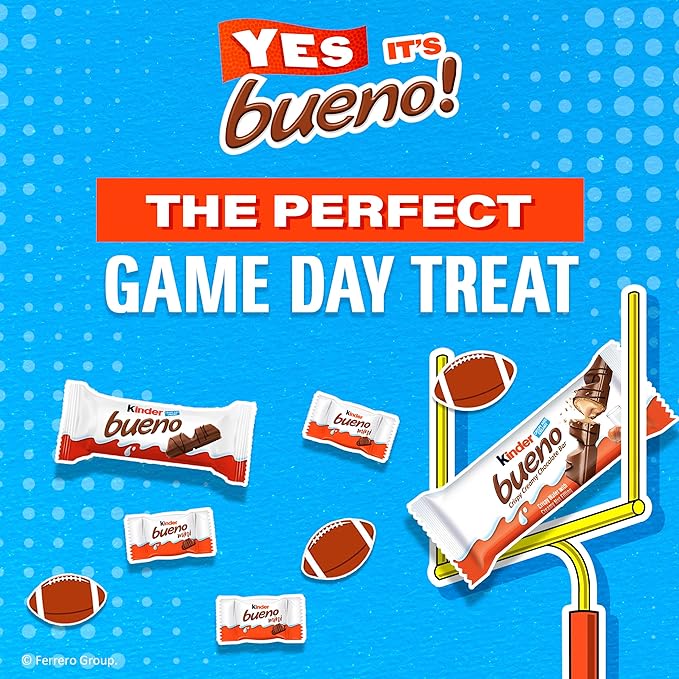 Kinder Bueno Milk Chocolate Bars with Hazelnut Cream, Bulk 8 Pack, Chocolate Candy Bars for Game Day, Football Party Supplies, Snacks for Adults, 4 Per Pack