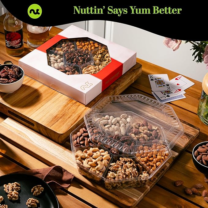 NUT CRAVINGS - Valentines Day Mixed Nuts Gift Basket in Red Gold Box (7 Assortments, 2 LB) Treats for Adults, Food Arrangement, Healthy Snack Care Package, Kosher
