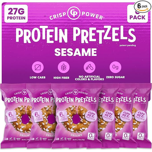 Crisp Power Protein Pretzels, Sesame, High Protein Snack, 27G Protein, Low Carb Crunchy Pretzel Snacks, No Added Sugar, No Seed Oils, 1.75 oz Bags, 6 Pack, Vegan, Plant-Based, Keto