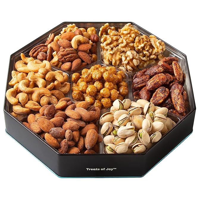Oh! Nuts Gift Basket 7 Section Assorted Gift Tin Box - Gourmet 7 Variety Fresh Roasted Nuts - Healthy Snacks for Birthday, Anniversary, Family Party, Movie Night - for Men & Women
