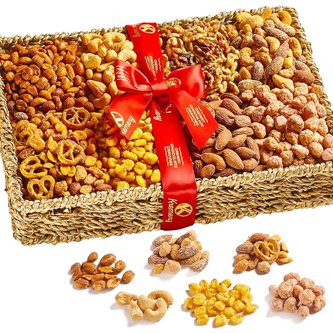KREMERY Gourmet Nut Gift Basket - Valentines Day Mixed Nuts Gift Basket in Seagrass Tray with Ribbon (8 Assortments) Treats for Adults, Food Arrangement, Healthy Snack Care Package, Kosher
