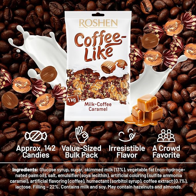Roshen Coffeelike Caramel Candy, Coffee-Milky Filled, 2.2 lb (1kg) Bulk Pack, Soft Caramel with Natural Coffee Extract, Smooth Shell & Creamy Dairy Filling, Individually Wrapped Candies, Kosher, Halal