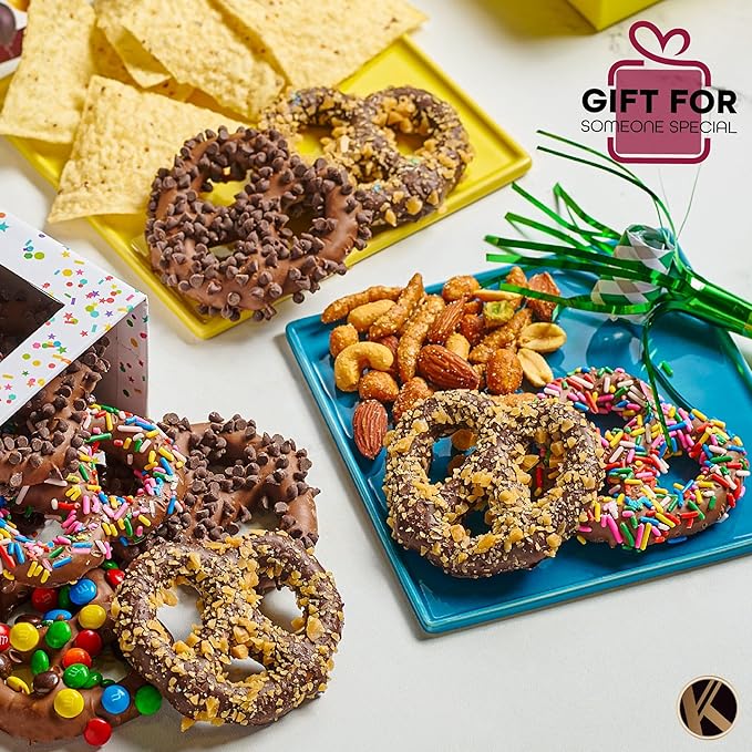 KREMERY Creamy Chocolate Cravings - Valentines Day Chocolate Covered Pretzel Twists Gift Basket, in Confetti Tower (12 Pretzels, Assorted Sweet Toppings) Sweet Treats Food Arrangement, Kosher