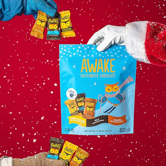AWAKE - Caffeinated Chocolate Bites - 50mg Caffeine per bite - Winter Wake Up Variety Pack (3 Flavors), 50 Bites - Peanut Butter, Milk, & Caramel - Energy Bites - Coffee Alternative - Fairtrade, Gluten Free, Non GMO - 0.48oz each