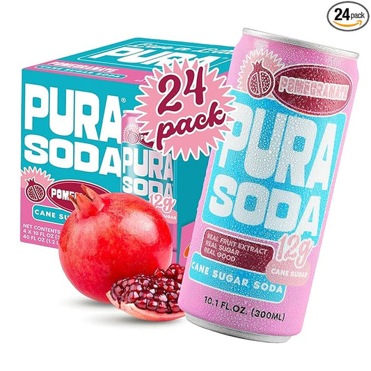 PuraSoda® Pomegranate | Low-Calorie, Cane Sugar Soda Beverage | Non-GMO, Vegan | Made with Pure Cane Sugar, Clean & Refreshing | 10.1 fl oz (300ml) Cans, Pack of 24