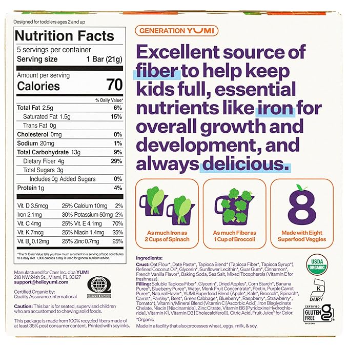 Yumi Organic Toddler Snacks Bars - Gluten-Free, No Added Sugar, 7+ Vegetables, Soft-Baked Crust Yumi Bars, Healthy Toddler Organic Snacks - School Safe and for Lunch Boxes, Blueberry & Purple Carrot (30ct.)