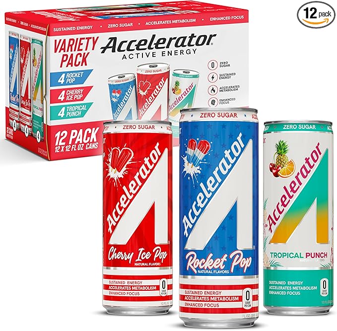 Accelerator Energy Drink, Variety Pack 12oz can (12 pack), Zero Sugar, Sustained Energy from 100% Natural Caffeine (200mg from Green Coffee Bean & Green Tea extract)