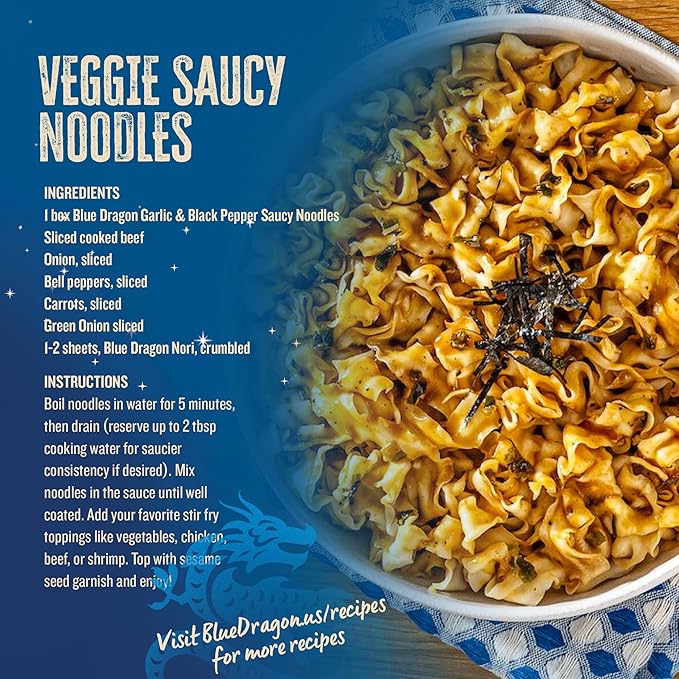 Blue Dragon Garlic & Black Pepper Saucy Noodles 4.2 oz (Pack of 6) – Knife-Cut Noodles with Garlic & Cracked Pepper Sauce – Air-Dried, Never Fried – Vegetarian Friendly
