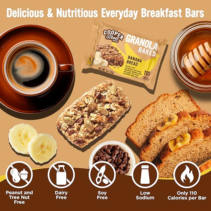 Cooper Street Banana Bread Granola Bakes (12 pack) - Individually Wrapped Soft and Chewy Breakfast Granola Bars - Nut, Dairy & Soy Free - Great As Kids Snacks For School, Hiking Or Work