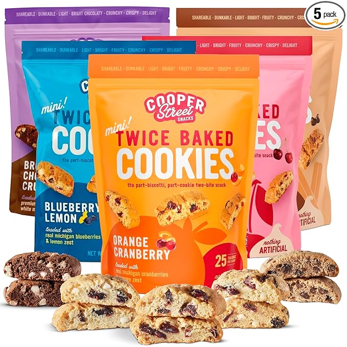 Cooper Street Twice Baked Biscotti Cookies Variety Pack - 5 Pack (5oz Each) - Light and Crispy Coffee Cookies 5 Flavors Assortment - Low-Calorie Snacks for Adults & Kids - Dairy & Peanut Free, Kosher