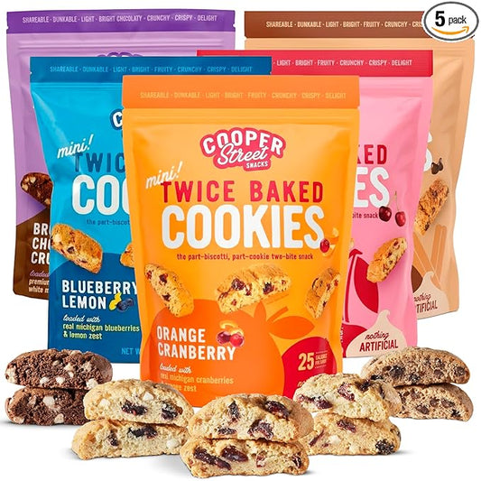Cooper Street Twice Baked Biscotti Cookies Variety Pack - 5 Pack (5oz Each) - Light and Crispy Coffee Cookies 5 Flavors Assortment - Low-Calorie Snacks for Adults & Kids - Dairy & Peanut Free, Kosher