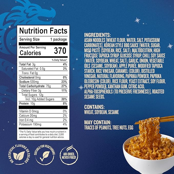 Blue Dragon Korean BBQ Saucy Noodles 4.2 oz (Pack of 6) – Knife-Cut Noodles with Korean-Style BBQ Sauce – Air-Dried, Never Fried – Vegetarian Friendly
