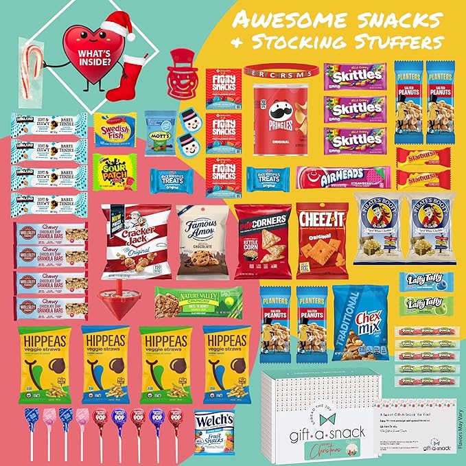 Gift A Snack - Christmas Candy Stocking Stuffers, Pre-filled Holiday Snack Box Care Package + Greeting Card (60 Count) Sweet Treats Gift Basket, Candies Chips Office Food Assortments