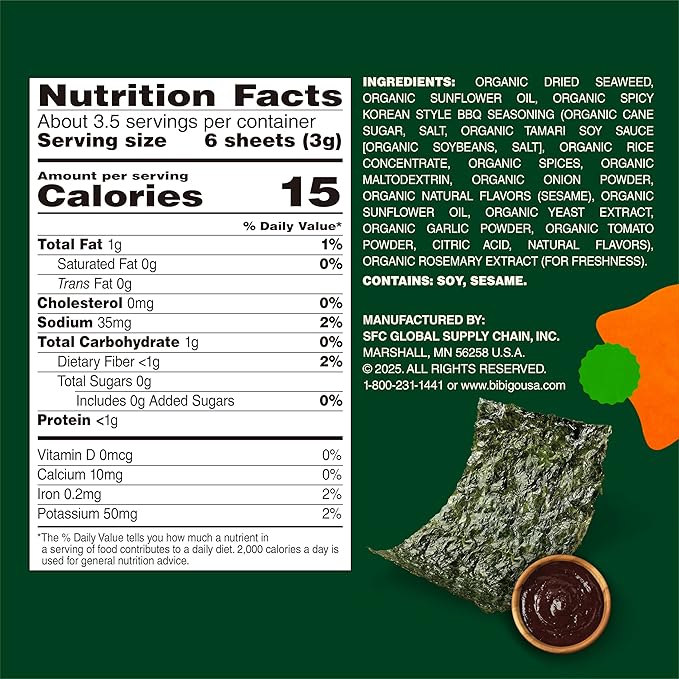 Bibigo Korean BBQ Flavor Seaweed Snack, Non GMO, Gluten Free, 0.35 Ounces (Pack Of 12)