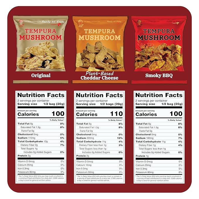 BITETUOSO Tempura Oyster Mushrooms – Ready-to-Eat Crispy Snack, Variety Pack for Kids & Adults – Gourmet Plant-Based Snack Chips in Original, BBQ, and Cheddar Cheese Flavors (1.41 oz, 6-Pack)