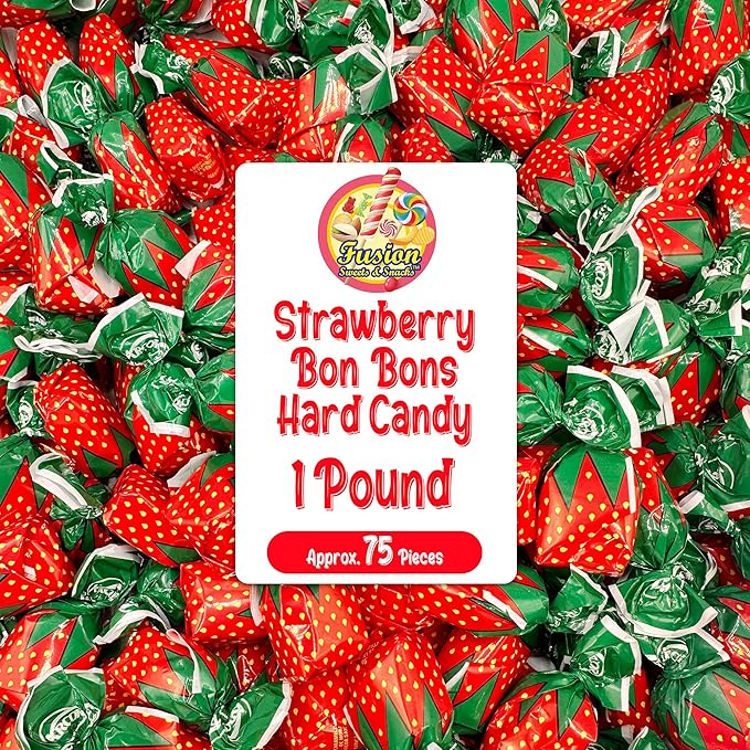 Strawberry Filled Hard Candy - 1 Pound Individually Wrapped Strawberry Bon Bons Candy - Bulk Bag