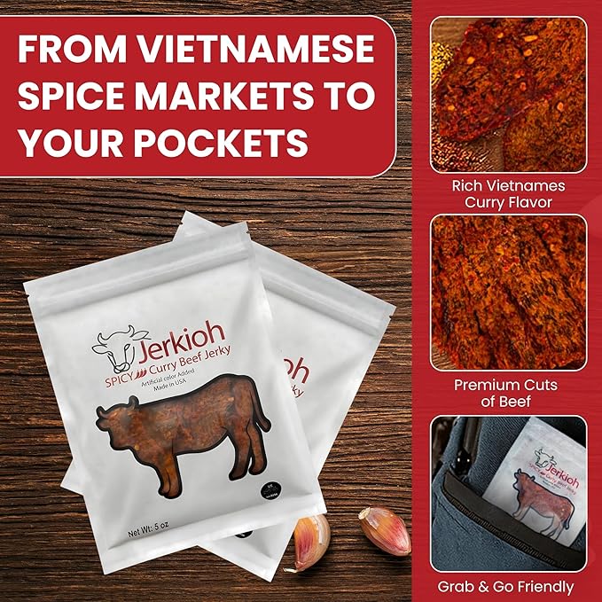 Jerkioh Spicy Curry Premium Beef Jerky – Authentic Vietnamese Street Food Flavor | High-Protein, Low-Fat Beef Snack | Tender Gourmet Strips with Bold Chili Heat | Healthy On-the-Go Protein Snack Pack (5oz)