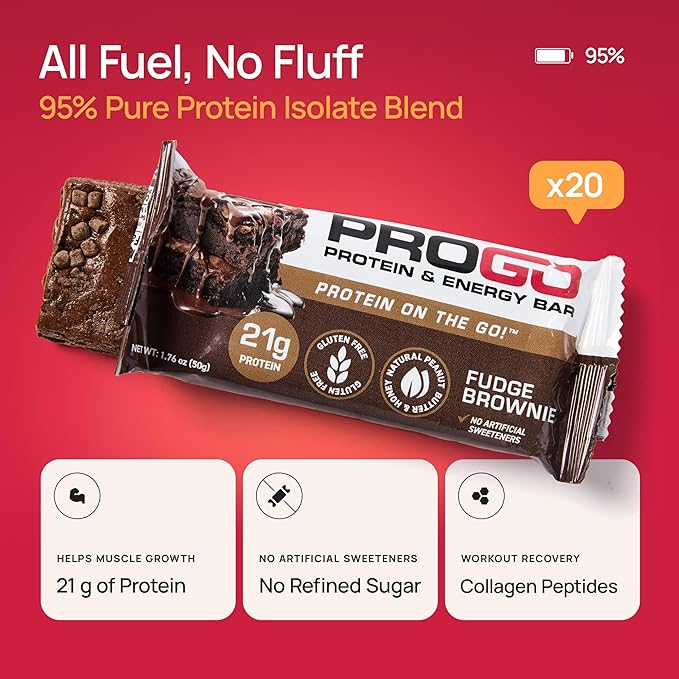 ProGo Protein Bars, Energy Bars - 21g Clean Protein, Made with 95% Pure Isolate, Tallow, Collagen, Real Ingredients - Low Calorie, No Artificial Sweeteners (20-Count, Fudge Brownie)