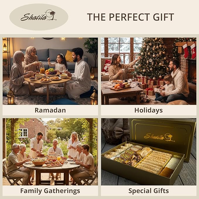 Shatila Food Products Large Elegant Gold Box Baklawa, Assorted Baklava Pastry Gift, Mediterranean Sweets Arabic Desserts, 56-Pieces