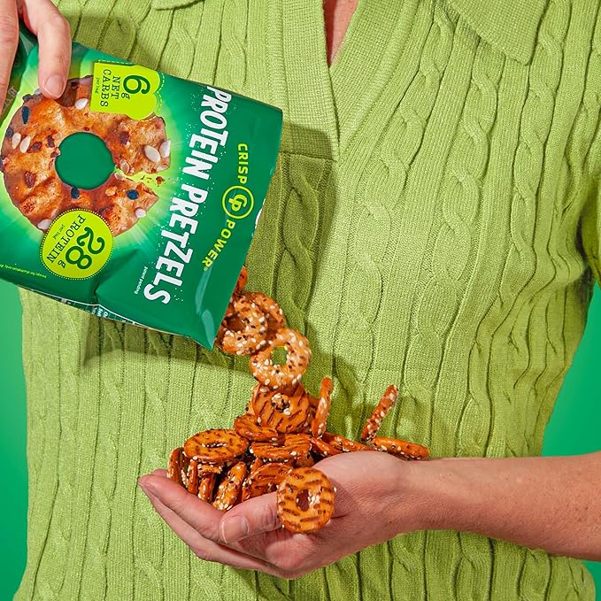 Crisp Power Protein Pretzels, Everything, High Protein Snack, 28G Protein, Low Carb Crunchy Pretzel Snacks, No Added Sugar, No Seed Oils, 1.75 oz Bags, 6 Pack, Vegan, Plant-Based, Keto
