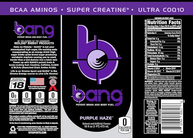 Bang Energy Purple Haze, Sugar-Free Energy Drink, 16-Ounce | Pack of 12