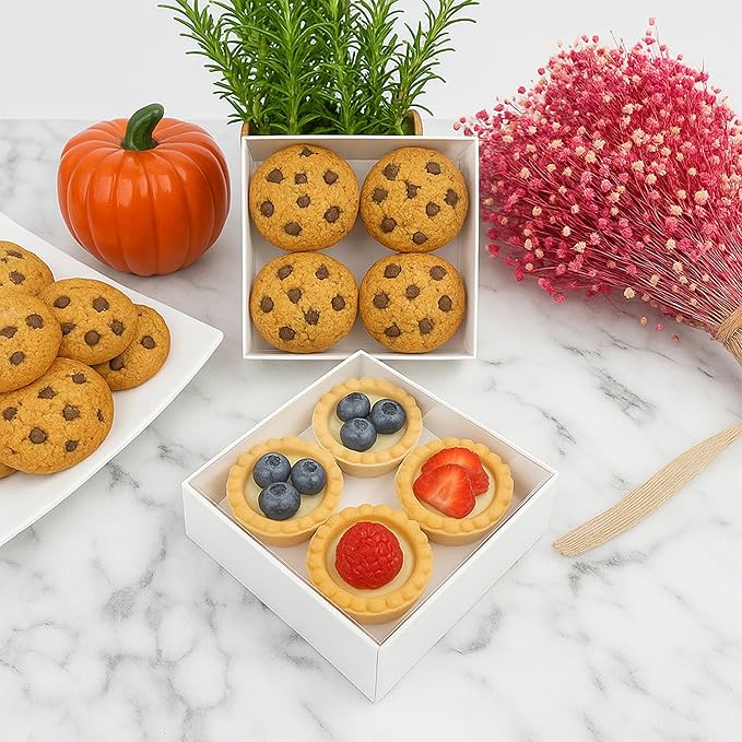 Diakarma Gift Boxes with Clear Cover, Bakery Treat Boxes for Small Cakes, Cookies, Desserts, Donuts, Pastries, Gifts, and Party Favors – Durable & Elegant (10 Pieces White Kraft, 4"x4"x1.2")