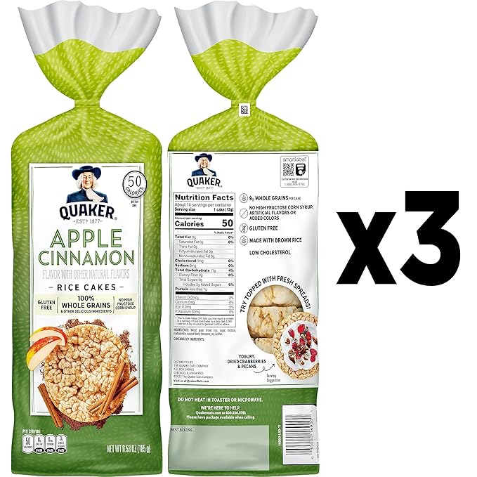 Quaker Large Rice Cakes, Apple Cinnamon, Pack of 3