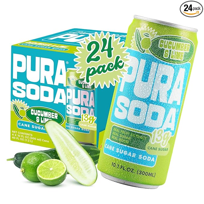 PuraSoda® Cucumber & Lime | Low-Calorie, Cane Sugar Soda Beverage | Non-GMO, Vegan | Made with Pure Cane Sugar, Clean & Refreshing | 10.1 fl oz (300ml) Cans, Pack of 24