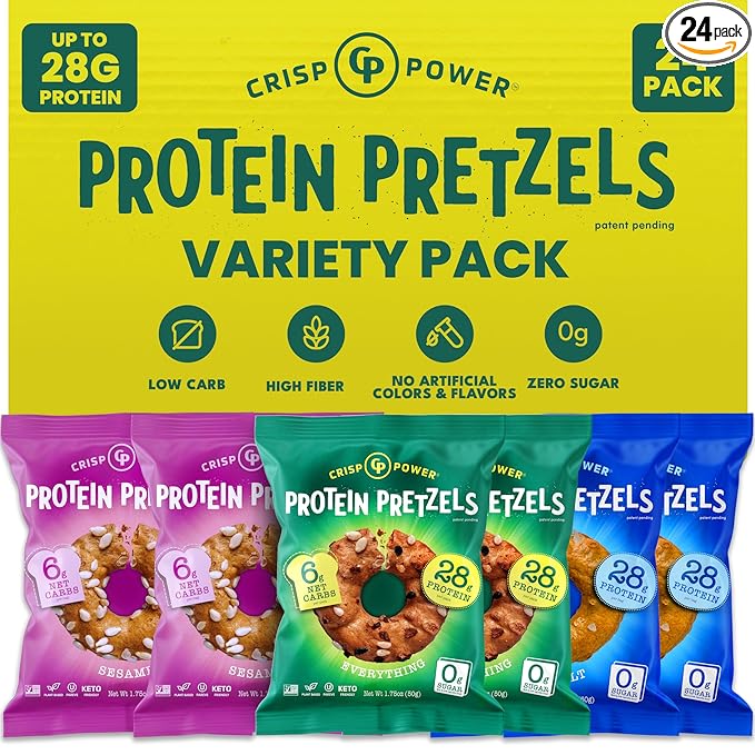 Crisp Power Protein Pretzels, Variety Pack With Sea Salt, Sesame, & Everything, High Protein Snack, Up To 28G Protein Per Bag, Low Carb Crunchy Pretzel Snacks, No Added Sugar, No Seed Oils, 1.75 Oz Bags, 24 Pack, Vegan, Plant-Based, Keto