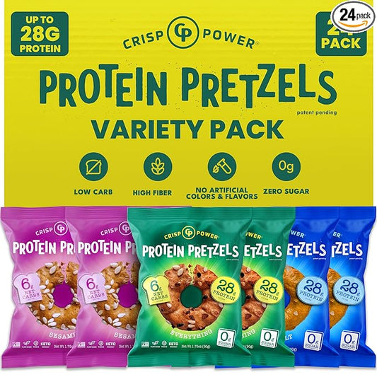 Crisp Power Protein Pretzels, Variety Pack With Sea Salt, Sesame, & Everything, High Protein Snack, Up To 28G Protein Per Bag, Low Carb Crunchy Pretzel Snacks, No Added Sugar, No Seed Oils, 1.75 Oz Bags, 24 Pack, Vegan, Plant-Based, Keto