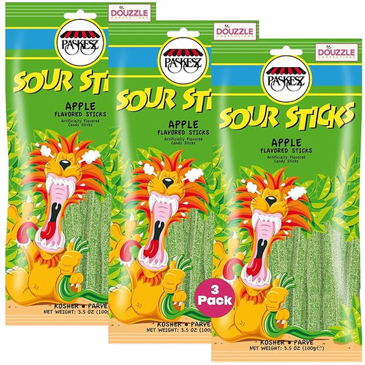 DOUzzle Valentines Day Sweet Treats, Sour Sticks Chewy Candy Straws Green Apple (3.5 OZ - 3 Pack) Goodie Bag Stuffer, Pinata Filler - Kosher Parve