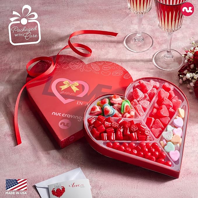 NUT CRAVINGS - Valentines Day Mixed Candy Heart Shaped Gift Basket, Love in A Box (6 Assortments) Romantic Food Arrangement, Healthy Snack Care Package, Food Assortments