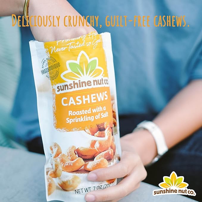 Sunshine Nut Company Whole Roasted Lightly Salted Cashews, Sprinkling of Salt Flavor, 4 Pack, 7 oz. Each, Gluten Free, Peanut Free and Vegan Individual Snack Packs for Kids and Adults, GMO Free