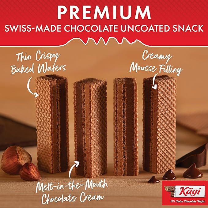 Swiss Milk Chocolate Mousse Filled Wafers by Kägi, Individually Wrapped Snacks, Chocolate Gift, Kägi Crisp'n Cream, Choco Cream, 2-Pack, 88g Bags