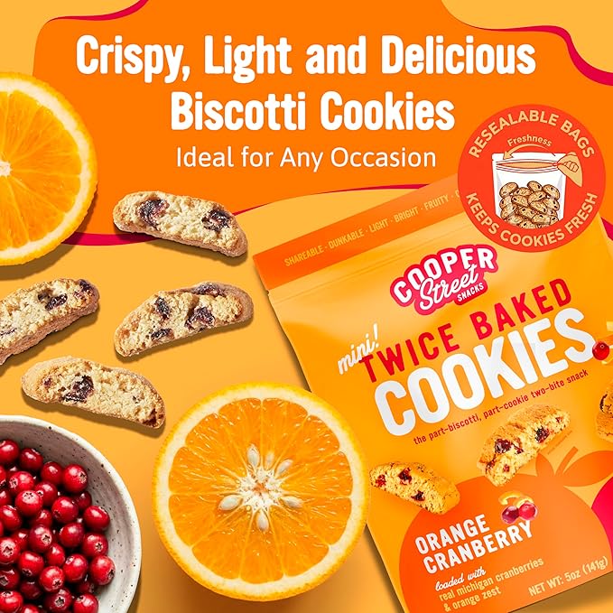 Cooper Street Twice Baked Orange Cranberry Biscotti Cookies - Crispy Mini Biscotti Cookies Ideal with Coffee - Traditional Low Calorie Italian Snacks - Kosher, Dairy, Peanut & Soy Free (6 Pack)