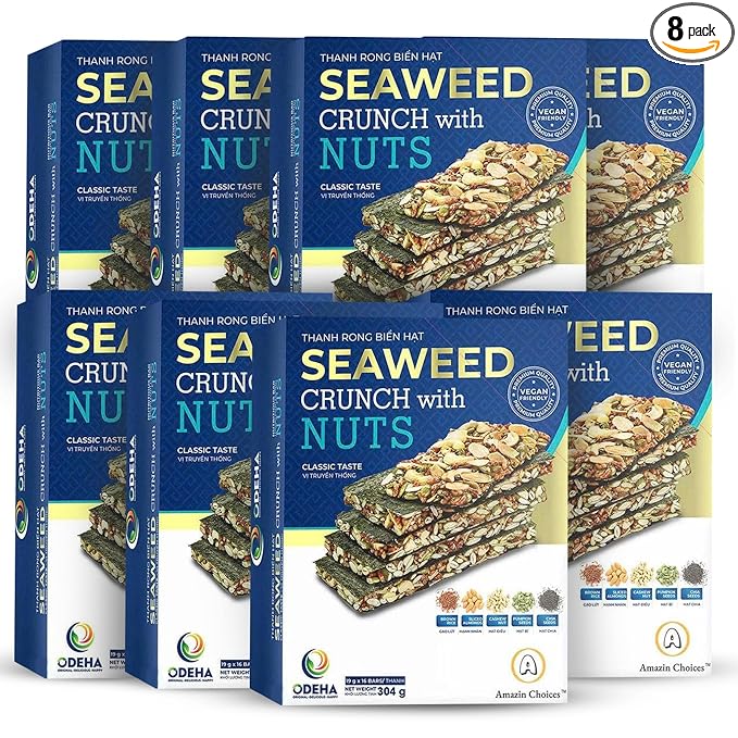 Seaweed Crunch with Nuts Classic Taste– Amazin Choices Vegan Snack Bars with Cashews, Almonds & Pumpkin Seeds – Premium Asian Chips – Seaweed Sheets – Sandwich Seaweed – Variety Pack (Pack of 8)