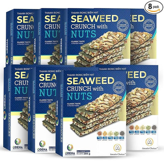 Seaweed Crunch with Nuts Classic Taste– Amazin Choices Vegan Snack Bars with Cashews, Almonds & Pumpkin Seeds – Premium Asian Chips – Seaweed Sheets – Sandwich Seaweed – Variety Pack (Pack of 8)