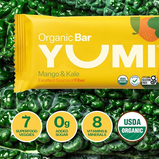 Yumi Organic Toddler Snacks Bars - Gluten-Free, No Added Sugar, 7+ Vegetables, Soft-Baked Crust Yumi Bars, Healthy Toddler Organic Snacks - School Safe and for Lunch Boxes, Mango & Kale (30ct.)