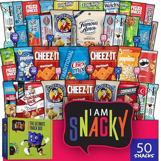 I AM Snacky - Valentines Day Snack Box Variety Pack Care Package + Greeting Card - SNACKY'S BLISS BITES (50 Count) Birthday Sweet Treats Gift Basket, Candies Chips
