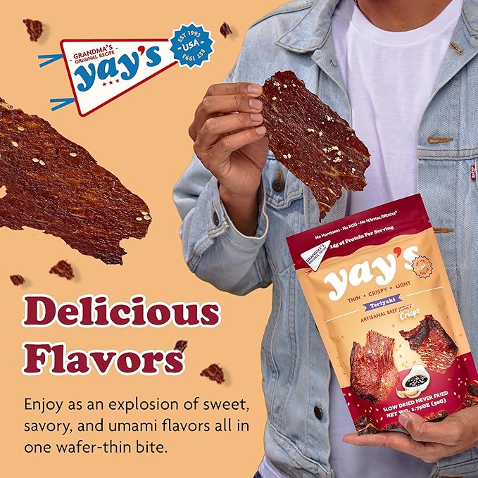Yay's Snacks Sweet and Spicy Beef Jerky Crisps | High Protein Teriyaki Snack | Crispy, Crunchy, Non-GMO, Gluten-Free Meat Snack | 28G Protein Per Bag, Made in USA - 1 Pack (1.75 Oz)