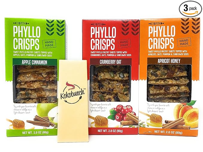 Phyllo Crisps Pastry Dough Sheets Crisp Snack Variety Bundle - Cranberry Oat Crisps Apricot Honey Apple Cinnamon with kokobunch kit by Nu Bake | 3 Pk - 2.8 oz