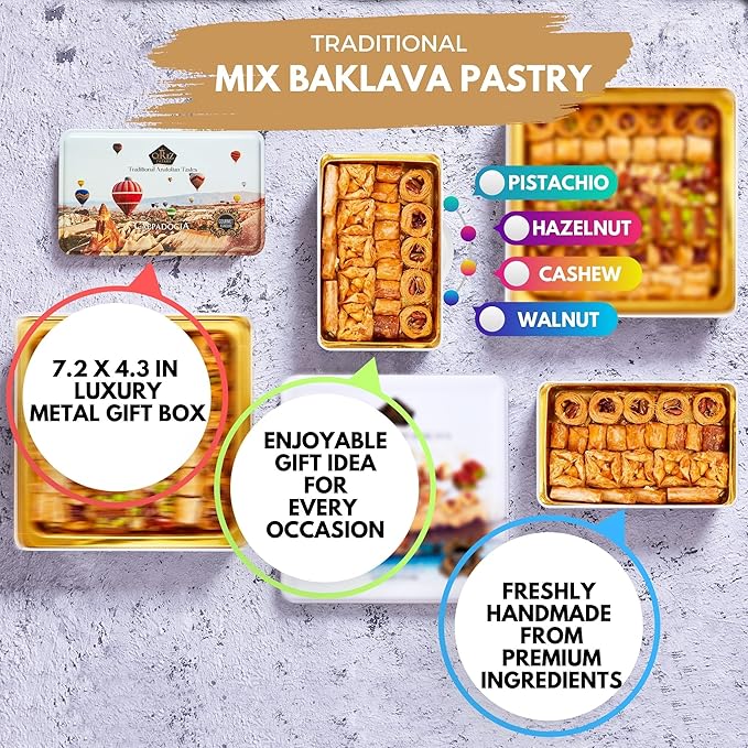 Cerez Pazari Baklava Pastry 8.5oz, Baklava Gift Box with Rich Pistachios, Walnuts, Hazelnuts and Cashews, Halal Shatila Baklava, Traditional Turkish Arabic Dessert Gift Box, Sweet Food Gifts for Women