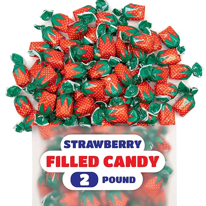Arcor Strawberry Bon Bons - 2 Pound Bulk Pack - Filled Hard Candy Individually Wrapped - Soft Center Retro Candy - Classic Old School Candy for Office and Events