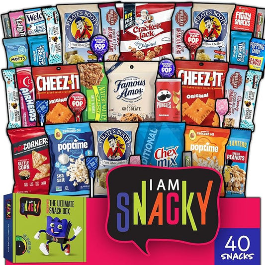 I AM Snacky - Valentines Day Snack Box Variety Pack Care Package + Greeting Card - SNACKY'S BASH BOX (40 Count) Birthday Sweet Treats Gift Basket, Candies Chips