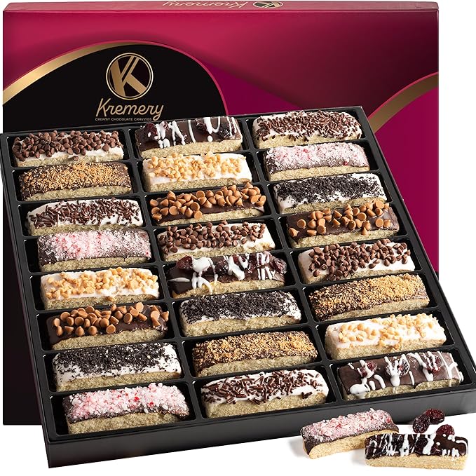 KREMERY Creamy Chocolate Cravings - Valentines Day Chocolate Covered Biscotti Cookies Gift Basket, in Elegant Gift Box (24 Biscotties, Assorted Sweet Toppings) Sweet Treats Food Arrangement, Kosher