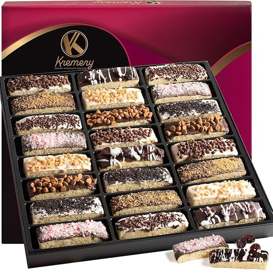 KREMERY Creamy Chocolate Cravings - Valentines Day Chocolate Covered Biscotti Cookies Gift Basket, in Elegant Gift Box (24 Biscotties, Assorted Sweet Toppings) Sweet Treats Food Arrangement, Kosher