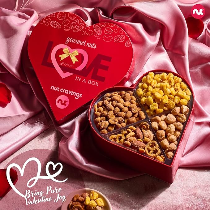 NUT CRAVINGS - Valentines Day Mixed Nuts Heart Shaped Gift Basket, Love in A Box (4 Assortments) Romantic Food Arrangement, Healthy Snack Care Package, Food Assortments