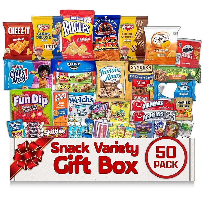 Snacks Gift Box Variety Pack Care Package (50 Count) - Assorted Individual Snacks Gift Basket - Cookies & Chips for Adults, Kids, College Students - Birthday, School, Office, & Travel Sampler