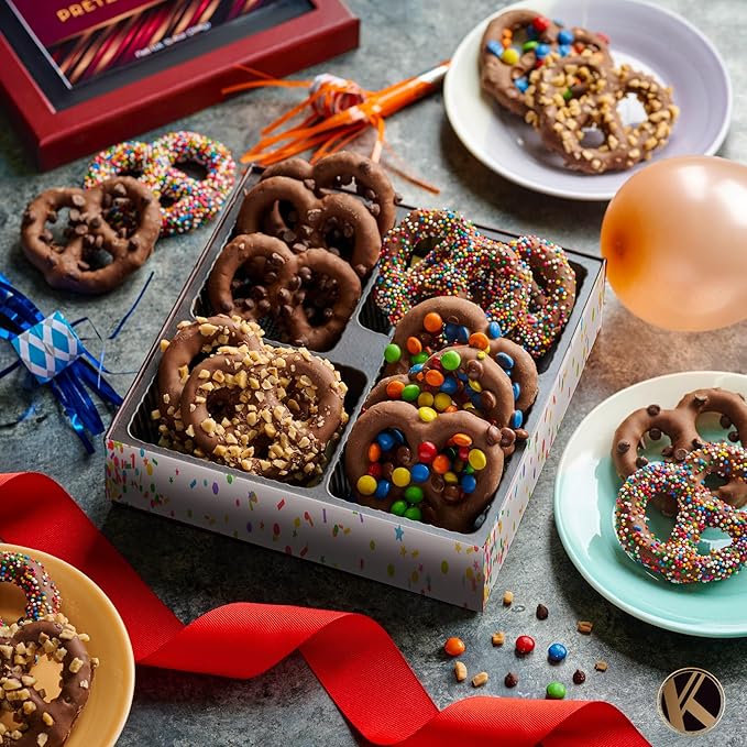 KREMERY Creamy Chocolate Cravings - Valentines Day Chocolate Covered Pretzel Twists Gift Basket, in Confetti Gift Box (12 Pretzels, Assorted Sweet Toppings) Sweet Treats Food Arrangement, Kosher