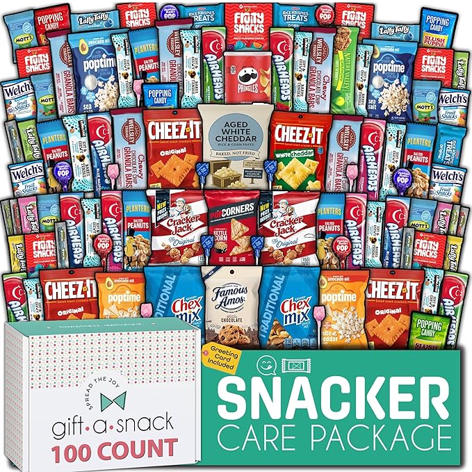 Gift A Snack - Valentines Day Snack Box Variety Pack Care Package + Greeting Card (100 Count) Birthday Sweet Treats Gift Basket Candies Chips Crackers Bars Office Food Assortments & Variety Gifts